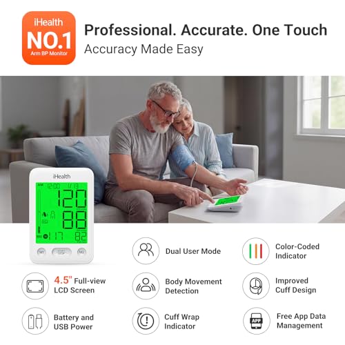 Image of iHealth Accu Luminate Blood Pressure Monitor - 4.5 inch Tri-Color WHO-Based LCD(White), Clinically Accurate, Irregular Heartbeat Alert, Body & Cuff Detection, Bluetooth Cloud Sync, Large 8.6 inch-17 inch Cuff