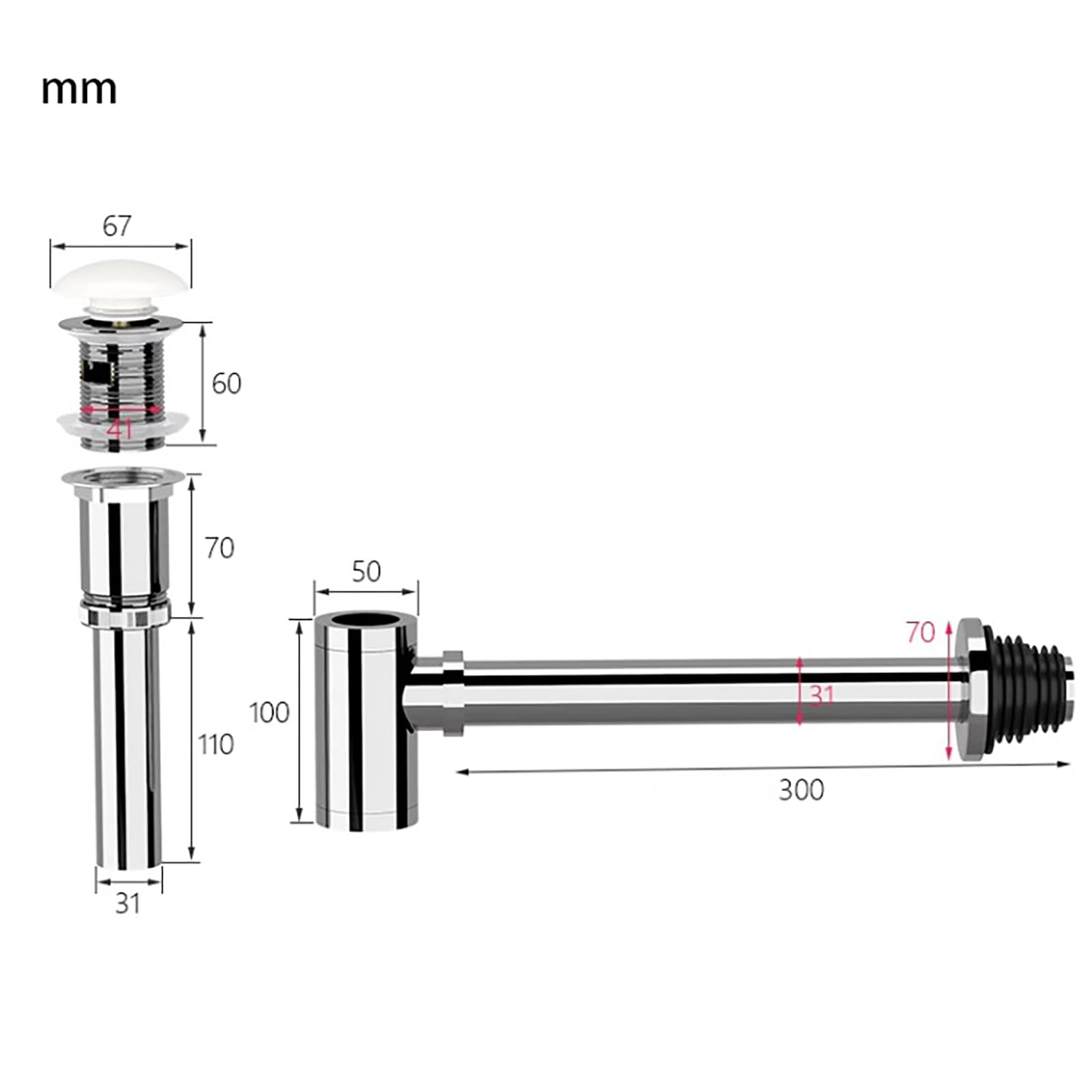 Siphon Waschbecken mit Pop Up Ablaufventil,Ablaufventil mit Überlauf,Geruchsverschluss,Höhenverstellbar Chrom Abflussrohr Waschbecken,Universal Abflussrohr 1 1/4"