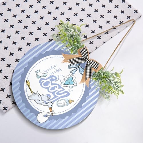 Image of Exnundod Welcome Door Sign It's A Boy Printed Wreath Door Hanger for Front Door Newborn Baby Stork Round Wreath Sign for Door Porch Wall Decor 12inch