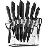 16-Teiliges Messerset - Alle diese Messer können alle Ihre Grundbedürfnissen in Ihrer Küche befriedigen: Acryl Messerhalter, Kochmesser, Tranchiermesser, Brotmesser, Wetzstahl, 6X Steakmesser, Santokumesser, Allzweckmesser, Schälmesser, Schäler, Vielzweckschere