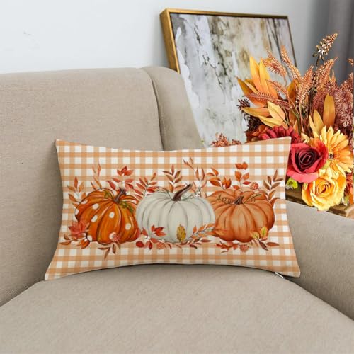 Image of Fall Pillow Cover 12x20 Inch Pumpkin Buffalo Pliad Dots Fall Pillows Maple Leaves Decor Autumn Thanksgiving Decorative Farmhouse Cushion Case for Sofa Couch (Orange)