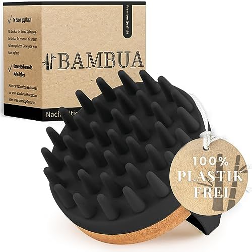 BAMBUA Kopfhaut Massagebürste - (Anti-Schuppen Effekt) Kopfmassage Bürste - Zur Kopfmassage beim Duschen - Premium Scalp Massager - Utensilienset Massage inkl. E-Book „Gesunde Kopf