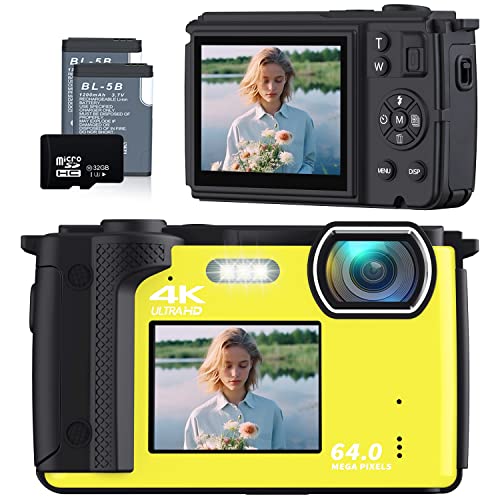 Digital Camera For Photography Nikicam 4K 64Mp Vlogging Camera For Youtube With 32Gb Sd Card, Selfie Dual Screens Point And Shoot Camera With Wifi, 16X Zoom Compact Camera For Beginners-Yellow2 #TOP12