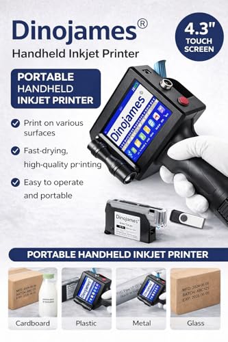 Image of dinojames Handheld Inkjet Printer, 4.3 inch Touch Screen, 600 DPI, Portable Batch Coding Machine for Date, MRP, Expiry, Barcode, QR Code Printing Size-12.7mm