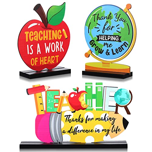 Image of Jetec 3 Pack Teacher Appreciation Table Centerpieces Best Teacher Sign Table Decorations for Student to Teachers Home Decor Classrooms Desks Teaching Wooden Signs Topper (Apple)