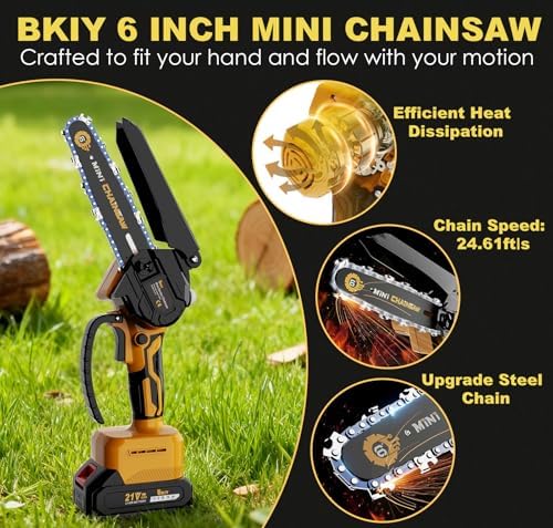 Mini Chainsaw Cordless 6 Inch – 21V Battery Powered Electric Pruning Saw with Automatic Oiler, Lightweight Handheld Chainsaw for Tree Trimming Wood Cutting, Gifts for Men Dad, Yellow - 2