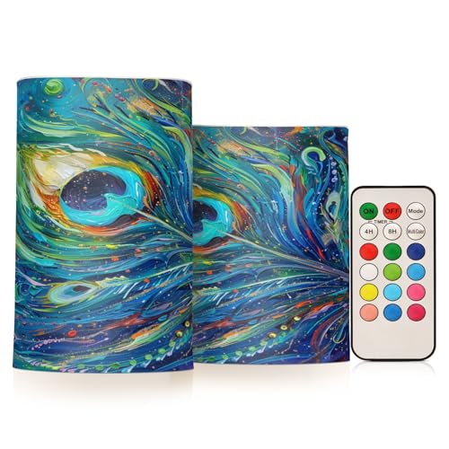 ALAZA Vibrant Peacock Feather Flickering Flameless Candles Battery Operated with Remote Timer,Tea Light Candles LED Pillar Votive Candles Set of 2 for Outdoor Indoor Decorations