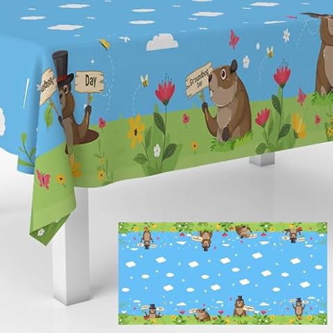 GZBJMYGS Happy Groundhog Day Tablecloths Cartoon Animals Blue Sky Table Cover Decorations for Groundhog Day Spring Season Forecast February 2nd Holiday Baby Shower Dinner Supplies Favors 53" x 104" Cover