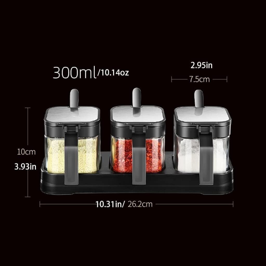 Pots à Épices Assaisonnement Box Set Coffret D'assaisonnement De Cuisine, 3 Pièces, Pot Combiné En Verre, Salière, Réservoir De Céréales, Ensemble De Sucre Avec Couvercle, Cuillère Et Plateau Pots à S