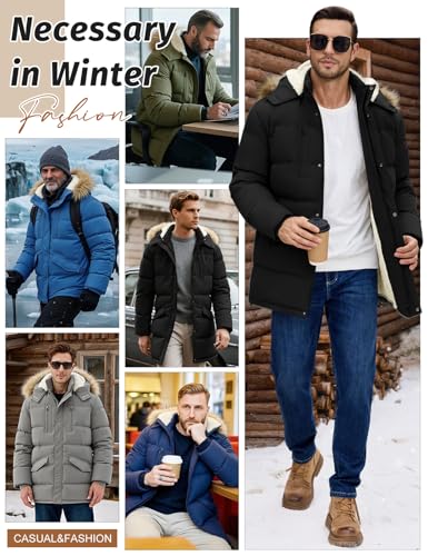heekpek Herren Winterjacke Outdoor Parka Jacken Lang Männer Warme Winddicht Wasserabweisend Fleece Gefüttert Wintermantel mit Kapuze, Schwarz, L