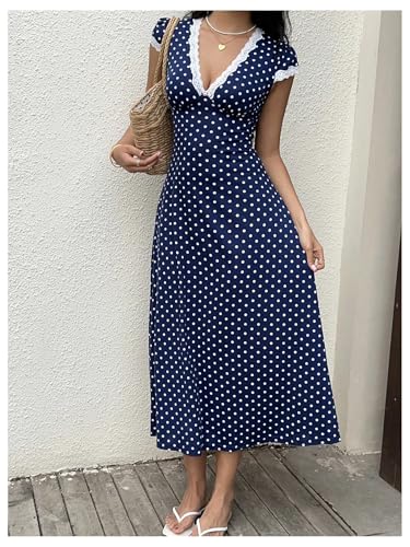 Milumia Women's Polka Dots Lace Trim Deep V Neck Dress Short Sleeve Flared Long Dresses4