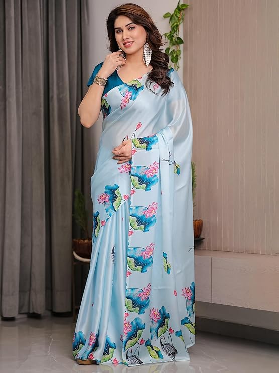 Image of Sky Blue Satin Georgette Saree with Lotus & Crane Print, Attached Blouse, Nature-Inspired Designer Drape