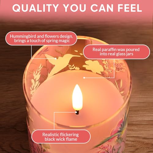 Image of Pink Hummingbird Glass Flameless Candles with Remote, Flickering LED Pillar Candles Battery Operated Set of 3, Spring Home Shelf Decor