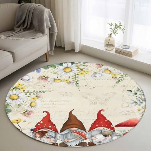 Gluypora Small Round Rug 3.3Ft, Gnomes Spring Floral Living