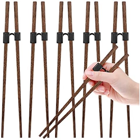 5 Pairs Reusable Training Chopsticks Helpers for Beginner Trainer Learner, Japanese Wooden Chopsticks pack and Holder Helper Set, Dishwasher Safe, L8.86Inch (2.Wenge) Cover