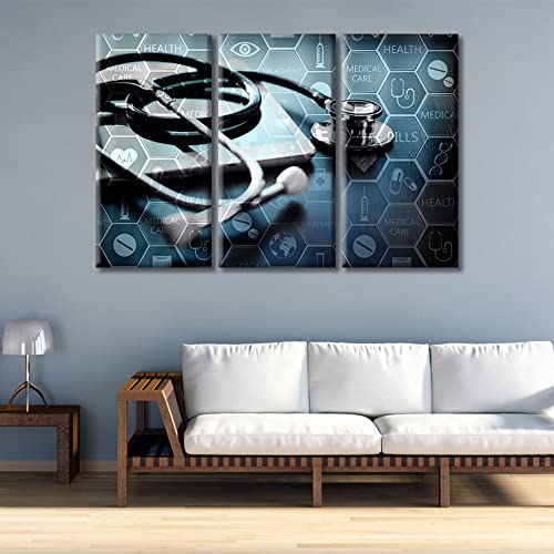 Image of TUMOVO Canvas Wall Art Medicine Concept with Modern Laptop Poster Wall Art Canvas Print 3 Pieces Medical Network Artwork Paintings Wall Decor for Bedroom Framed Ready to Hang, 60 inch Wx40 H