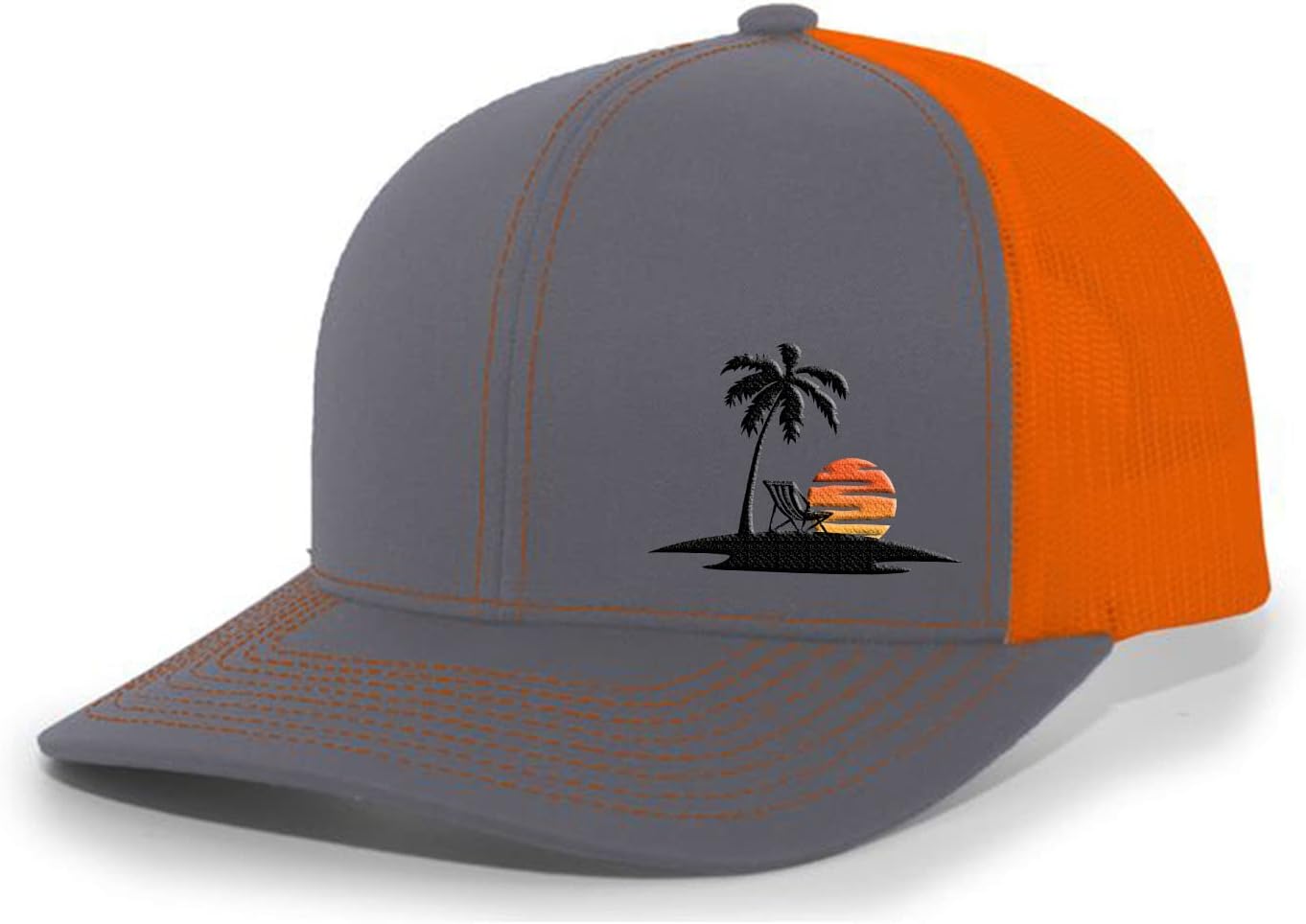 Tropical Palm Tree Sunset Beach Vacation Embroidered Mesh Back Trucker Hat