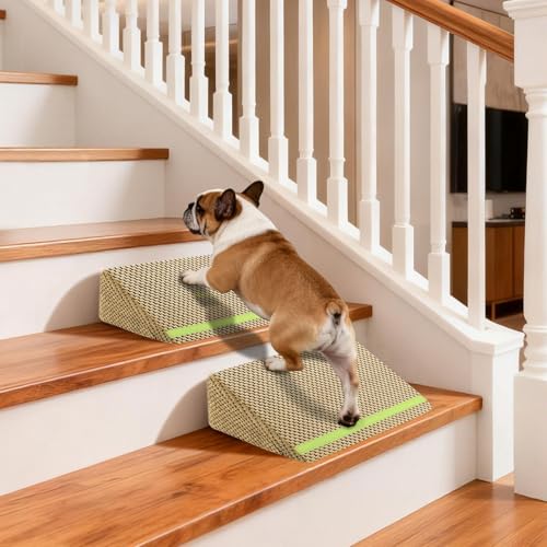 JoyBlooms Upgraded Dog Ramp for Stairs, Dog Stairs for Small Dogs (Corgi & Dachshund), 40D Foam Non-Slip, 30° Slope with Glow Strip, 13.8"x10.2"x5.9", Brown-2pcs by JoyBlooms - Used condition - US$24.56