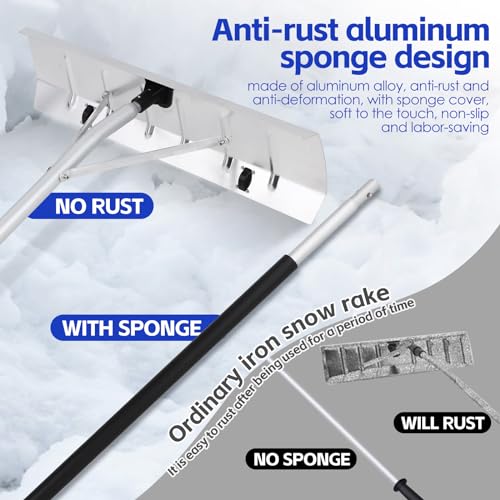 Premium Roof Rakes for Snow Removal - Thickened 5.2ft - 20ft Easy to Assemble Snow Roof Rake - All-Aluminum Roof Snow Removal Tool with Anti-Slip Sponge Handle - 26\" Wheel Scraper Head 5-Section Tube