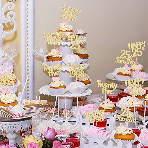 Gyufise 30Pcs Happy 25Th Cupcake Toppers Glitter Twenty-Five Vintage 1998 Cupcake Picks Cheers To 25 Years Birthday Cake Decorations For Happy 25Th Birthday Anniversary Party Supplies Gold #TOP5
