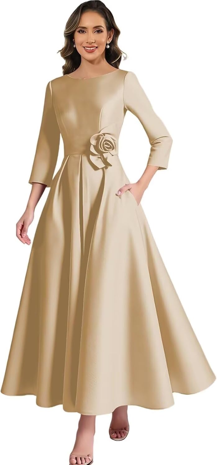 Long Sleeves Mother of The Bride Dresses for Women Formal Satin Dark Champagne Party Dress with Pocket Tea Length 3D Flower Cocktail Dresses US10
