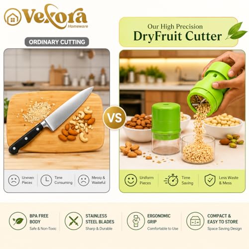 Image of Vexora Dry Fruits Cutter Machine & Nuts Chopper | Badam Kaju Pista Almond Slicer | Stainless Steel Hand Press Dry Fruit Cutter | for Kheer Halwa Sweets | Spill-Free Enclosed Design