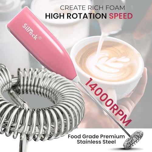 Image of Milk Frother Handheld - Powerful Electric Coffee Frother for Latte, Cappuccino & Matcha, Stainless Steel Whisk, Fast Foam in Seconds, Portable Battery Operated, (Pink)