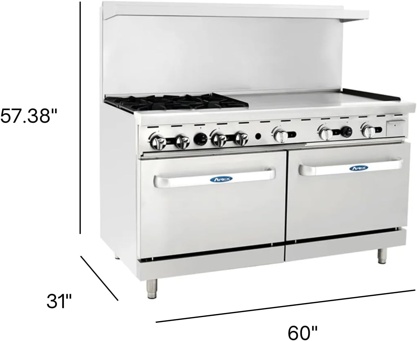 CookRite Commercial Natural Gas Range 4 Burner Hotplates With 36" Manual Griddle 2 Standard Ovens 60'' Restaurant Range - 229,000 BTU