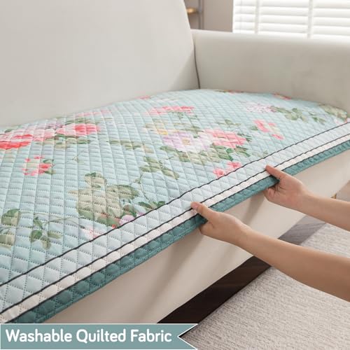 Image of HOKIPO 'LiefNest' Holland Velvet Sofa Cover Mat with Foam Filling for 1 /2 /3 Seater & L-Shape Sofa. Make Your Own Sofa Cover Set, Mat Size: 220(L) cm, Fresh Floral Pastel Blue (IN-826-D3)