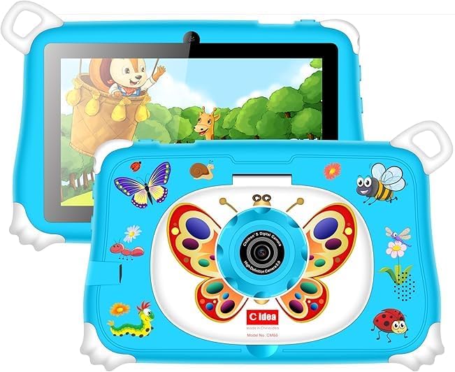 7" Kids Android Tablet CM86 with WiFi, Bluetooth, Dual Camera, Educational Apps & Toy Gift Set – Silicone Protective Case with Stand – Blue