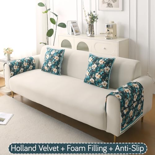 Image of HOKIPO 'Florentina Series' Premium Holland Velvet Sofa Arm Cover with Foam Filling & Anti Slip Backing | 2 Pcs | Pansies Teal (IN-876-V5*2S)
