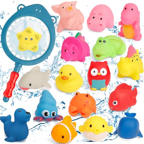 18PCS Bath Toys for Toddler, Bathtub Sound Toys, Bath Time Cute Swimming Pool Accessory, Floating Sea Animals for Baby Boy Girl Shower, Squeeze Educational Learning Gift with Fishing Net