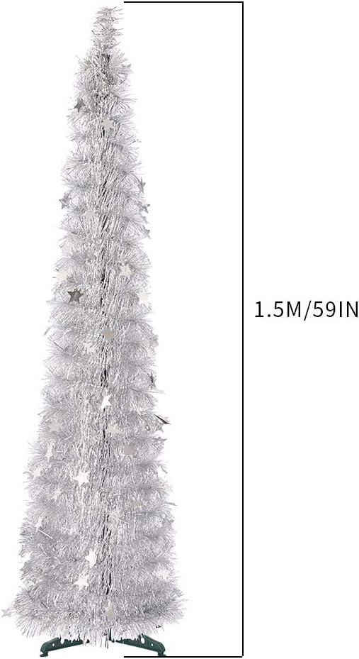 CCINEE 5FT Christmas Tinsel Tree Collapsible Stand Easy-Assembly Silver Tinsel Xmas Tree for Holiday Party Home Office Store Classroon Decoration