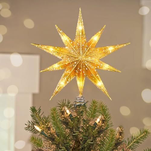 Luxspire Christmas Tree Topper, Lighted Star Tree Topper with USB Plug-in & Remote Control, 9.8 LED Metal Christmas Decorations Light, Xmas Vintage Modern Ornament for Home Party, Decagram Star-Gold