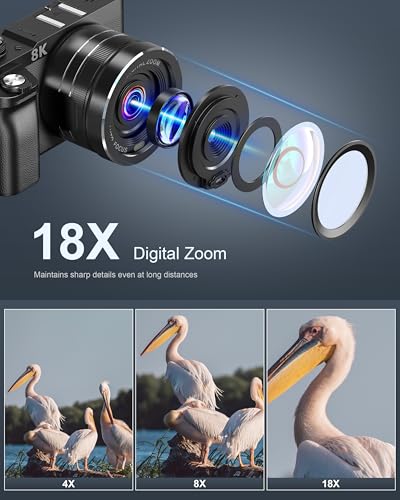 Image of 8K Digital Camera, 88MP Cameras for Photography, Vlogging Camera for YouTube with 3 inch 180 Flip Screen, 18X Zoom UHD Autofocus Video Camara with Lens Hood, 64GB Card