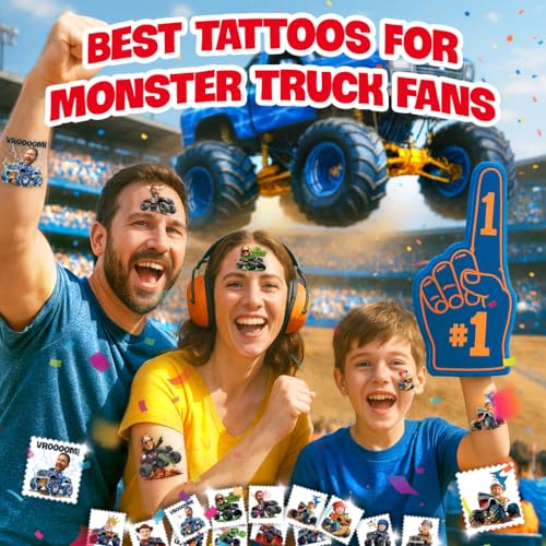 Image of Custom Monster Truck Temporary Tattoos for Kids, Set of 20 | Personalized Pre-Cut Face Photo, Birthday Party Favors, For Boys & Monster Truck Fans, Unique Celebration Gifts