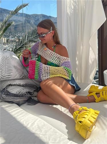Image of hathne Women's Crochet Crop Top Shrug Y2K Hollow Out Mesh Knit Long Sleeve Sweater, Sexy Beach Bikini Cover Up