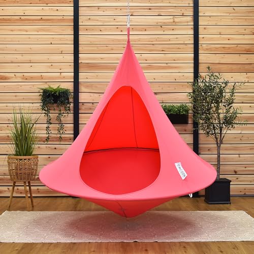 Image of Double Cacoon Hanging Chair for Two - Cozy Indoor /Outdoor Hammock with Polyester Canvas, 440 lb Capacity, Includes 18ft Rope & Carabiner (Coral Rose)