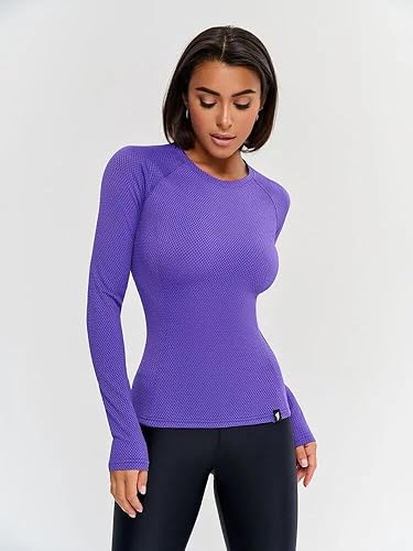 Miniatura 3 de Bona Fide Camisetas de entrenamiento para mujer, camisa de compresión de manga cortalarga, transpirable, ajustada, para gimnasio, correr, yoga