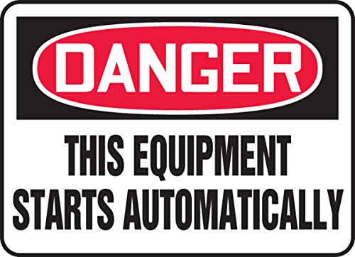 Panneau danger this equipment starts automatically adhésif résistant en Dura-Vinyle