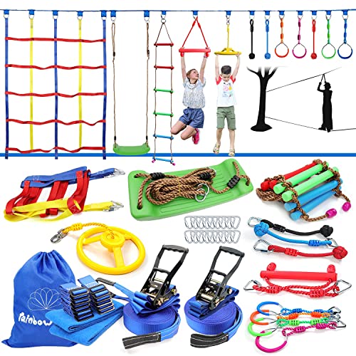 Rainbow Craft 2x50ft Ninja Warrior Obstacle Course for Kids - 2 Ninja Slackline, 17 Removable Buckle Loops, 12 Ninja Attachments, Ninja Obstacle Course for Outside