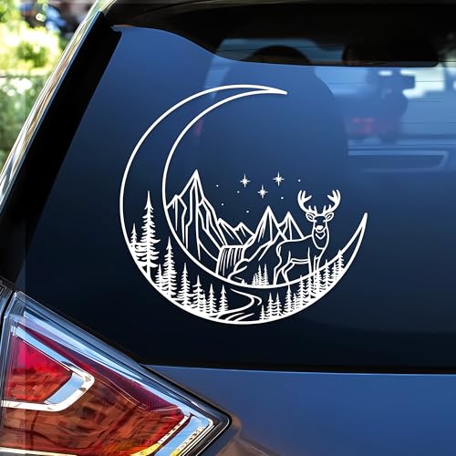 Image of Night Court Deer Car Decals Funny Mountain, Moon, Stars, Fantasy Humor Car Window Accessories Affirmations Vinyl Waterproof 6 Inches Bumper Decal Gift for Mom Dad Friend Coworker