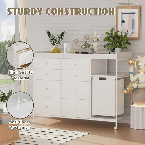 Image of 47.2 inch Nursery Dresser with 8 Drawers and Changing Table Top Baby Changing Station Dresser with 1 Open Shelf and 1 Laundry Hamper Diaper Changing Station Mobile Nursery Organizer,White