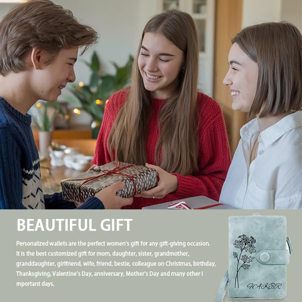 Personalized Wallet Custom Birth Flower & Name, Simple High-end Flowers, Wristlet Wallets for Women, Leather Wallets for Women, Teen Girl Christmas Gifts 2024, Wallet Women (Light blue)3