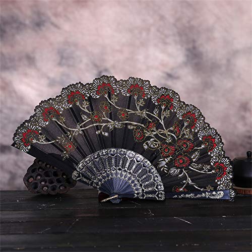 Icodod Vintage Chinese Style Fold Fan Wedding Party Lace Fan Silk Folding Hand Held Fan Craft Flower Performance Decorative Retro Dance Fan Black #TOP1