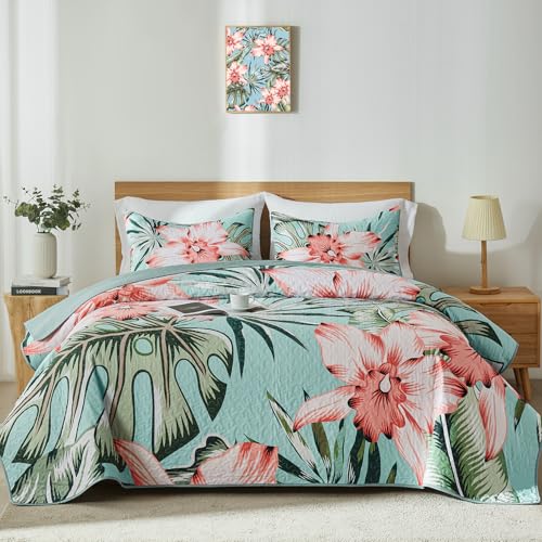 Yogeneg King Quilt Bedding Set,Green Pink Botanical Pattern Sky Blue King/Cal King Quilt Set,3 Piece Lightweight Soft Summer Bedspread Coverlet with 2 PIillow Shams,All Season(Sky Blue,110"x96")