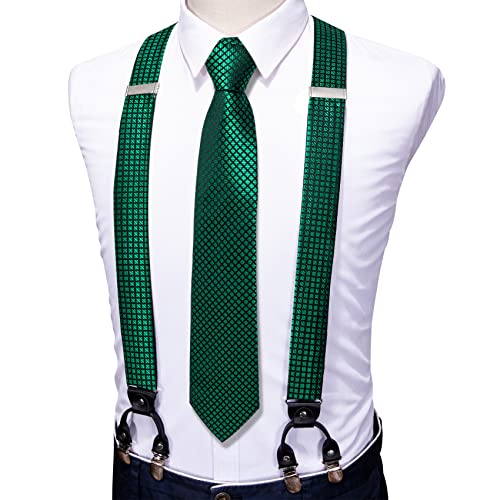 Image of Barry.Wang Men Suspender Set with Necktie Elastic Y Type Heavy Duty 6 Clips Braces Tie Handkerchief Cufflink Pin 6PCS