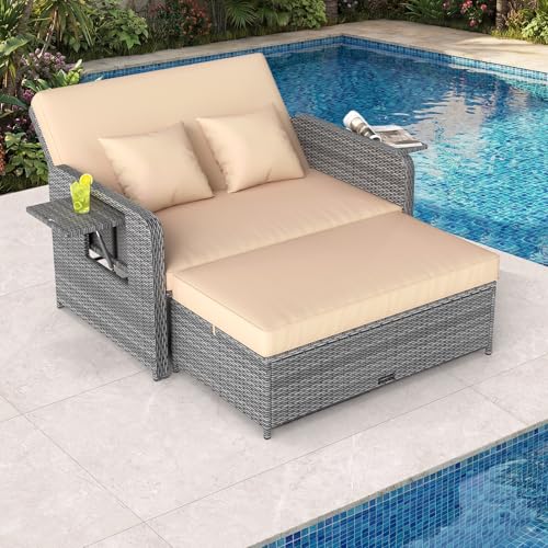 COSTWAY 4 en 1 Tumbona de Ratán para Patio, Sofa Exterior de Ratán con Respaldo Ajustable y Mesas Auxiliares Plegables, Conjunto de Sofá de 2 Piezas y Otomana con Almacenamiento (Gris+Marrón)