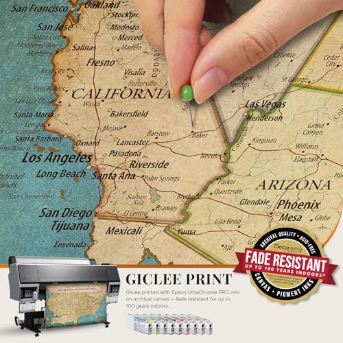 Image of DECORARTS - Large Personalized Push Pin Travel Map USA, Custom Name, Pin Board Canvas Wall Art, Antique Old United States Decor, Optional Wood Frame, Giclee Print, Handcrafted in USA, 35x28''