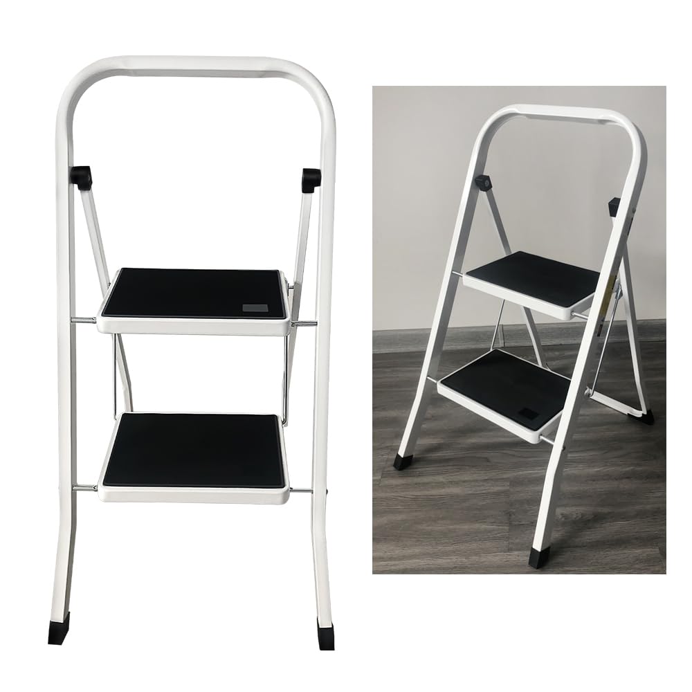 Safety Folding Step Stool, 2 Step Ladder, Portable Foldable Stepladder, Anti Slip Feet, Strong Sturdy Steel, 150kg Capacity, Two Step Ladder for Home/Kitchen/Garage